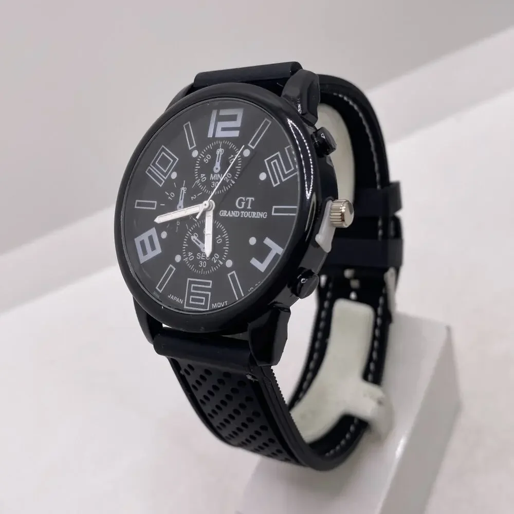 GT Mens Racing Style Rugged Rubber Black Watch New Battery